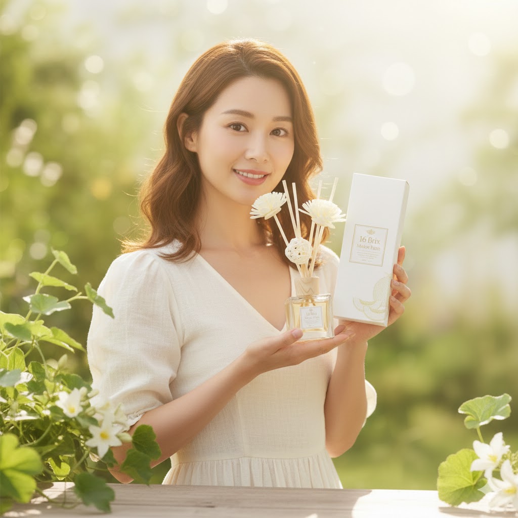 Woman holding 16 Brix Melon Farm diffuser in sunlight